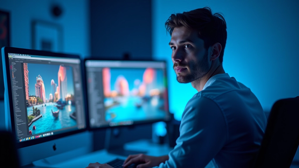 Pantalla de computadora mostrando animación de motion graphics con efectos de color dinámico y formas geométricas