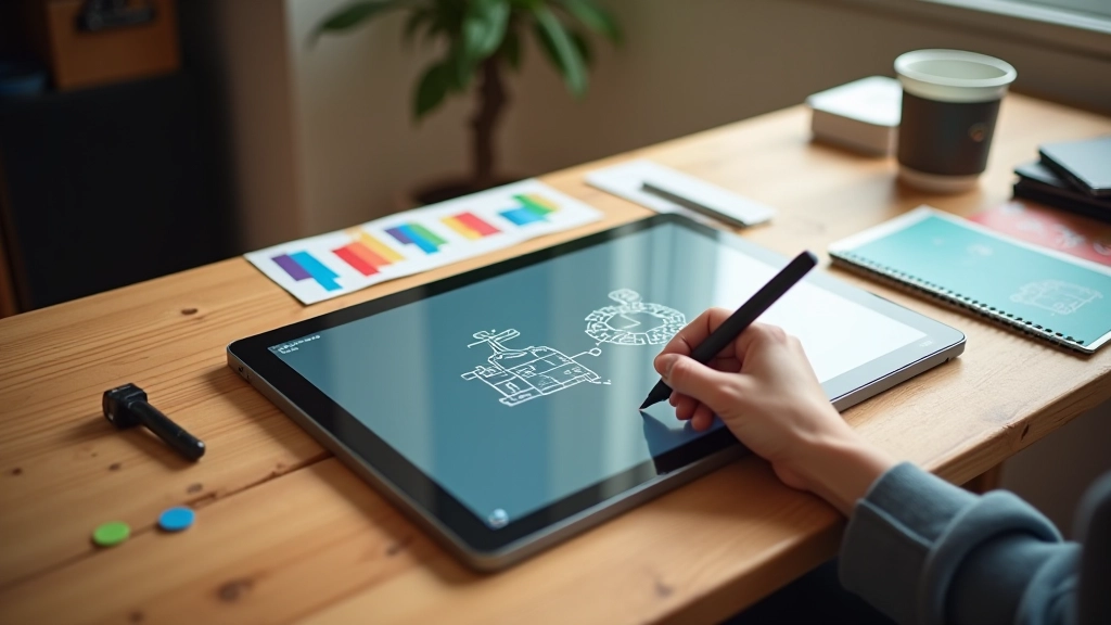 Tableta gráfica con stylus sobre escritorio junto a muestras de colores y referencias de diseño