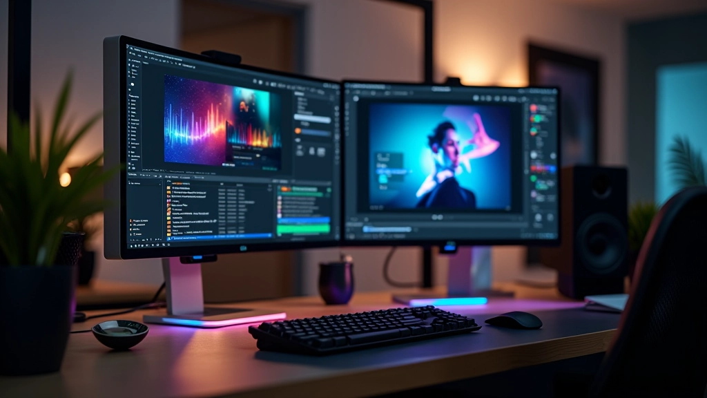 Escritorio de estudio creativo con monitores mostrando software de animación, teclado y accesorios de diseño profesional